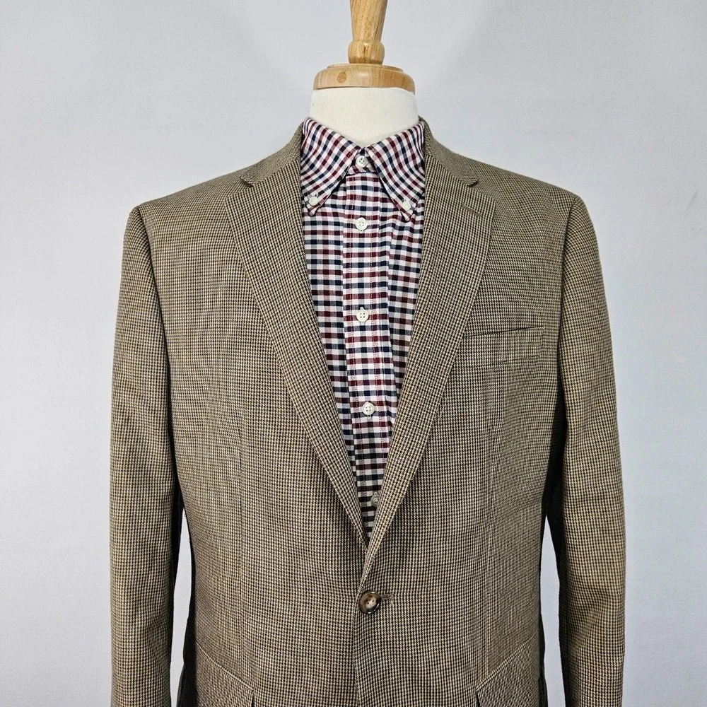 Chaps Men's Sport Coat Blazer Two Button Brown‎ Houndstooth Poly Blend Sz 42L